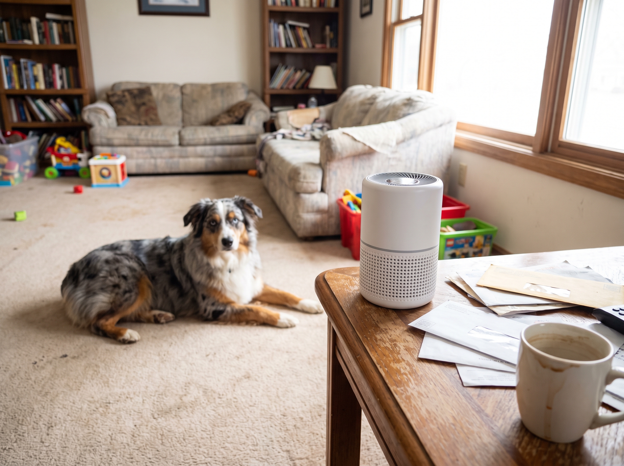 Puppy Mommies PAP1 air purifier with Australian Shepherd